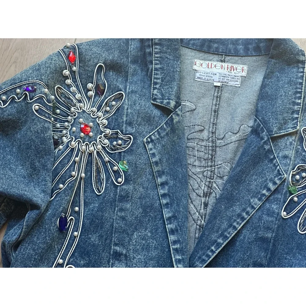 Vintage Golden River Denim Jacket Embellished Rhinestone Acid Wash 80s Costume